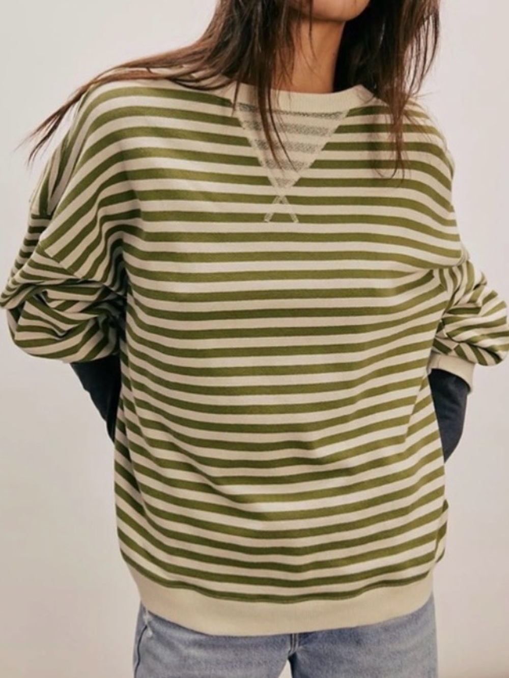 We The Free Classic Striped Oversized Crewneck | Small | Olive and Cream